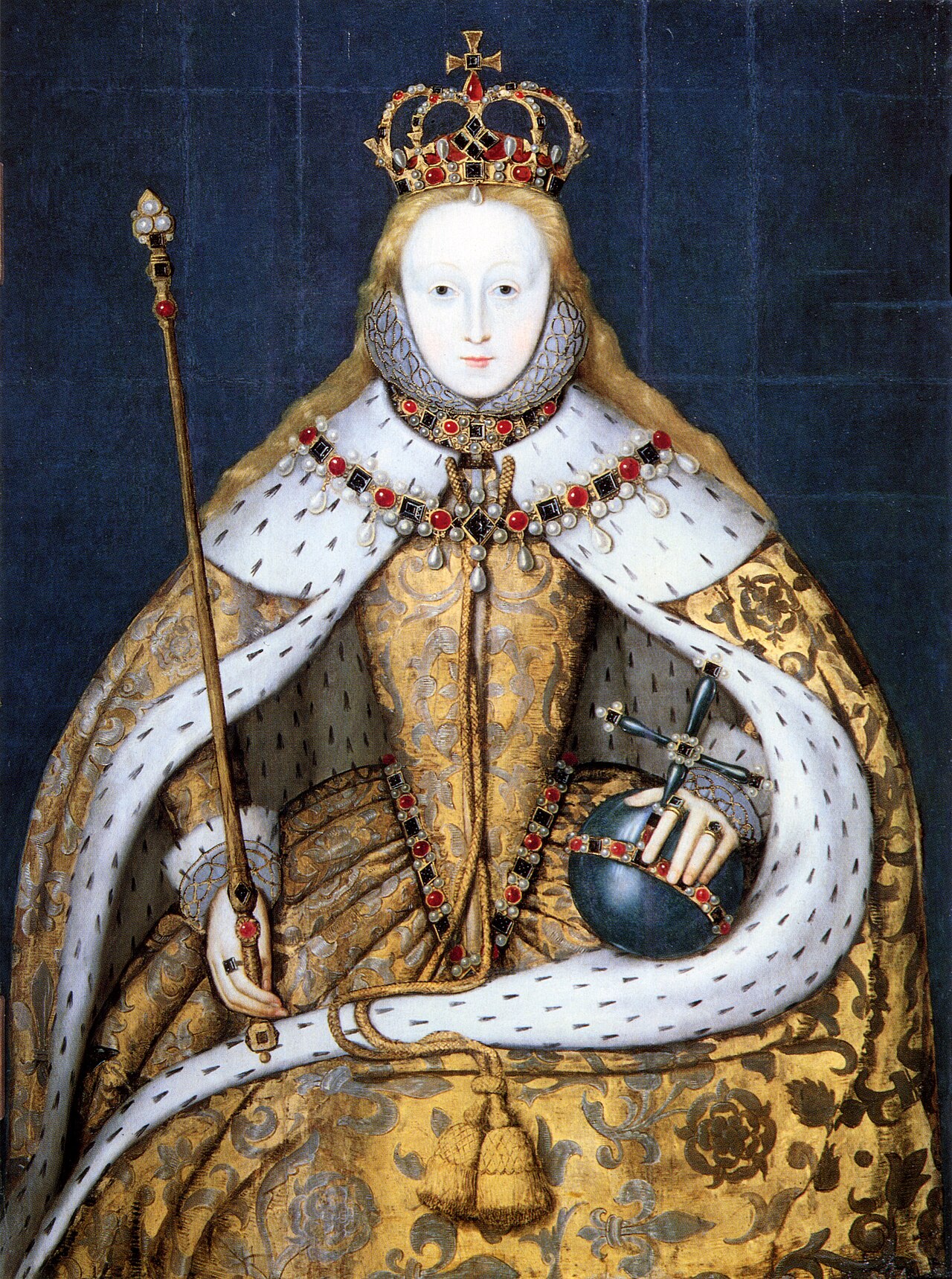 Portrait of Queen Elizabeth I in royal regalia holding an orb and scepter