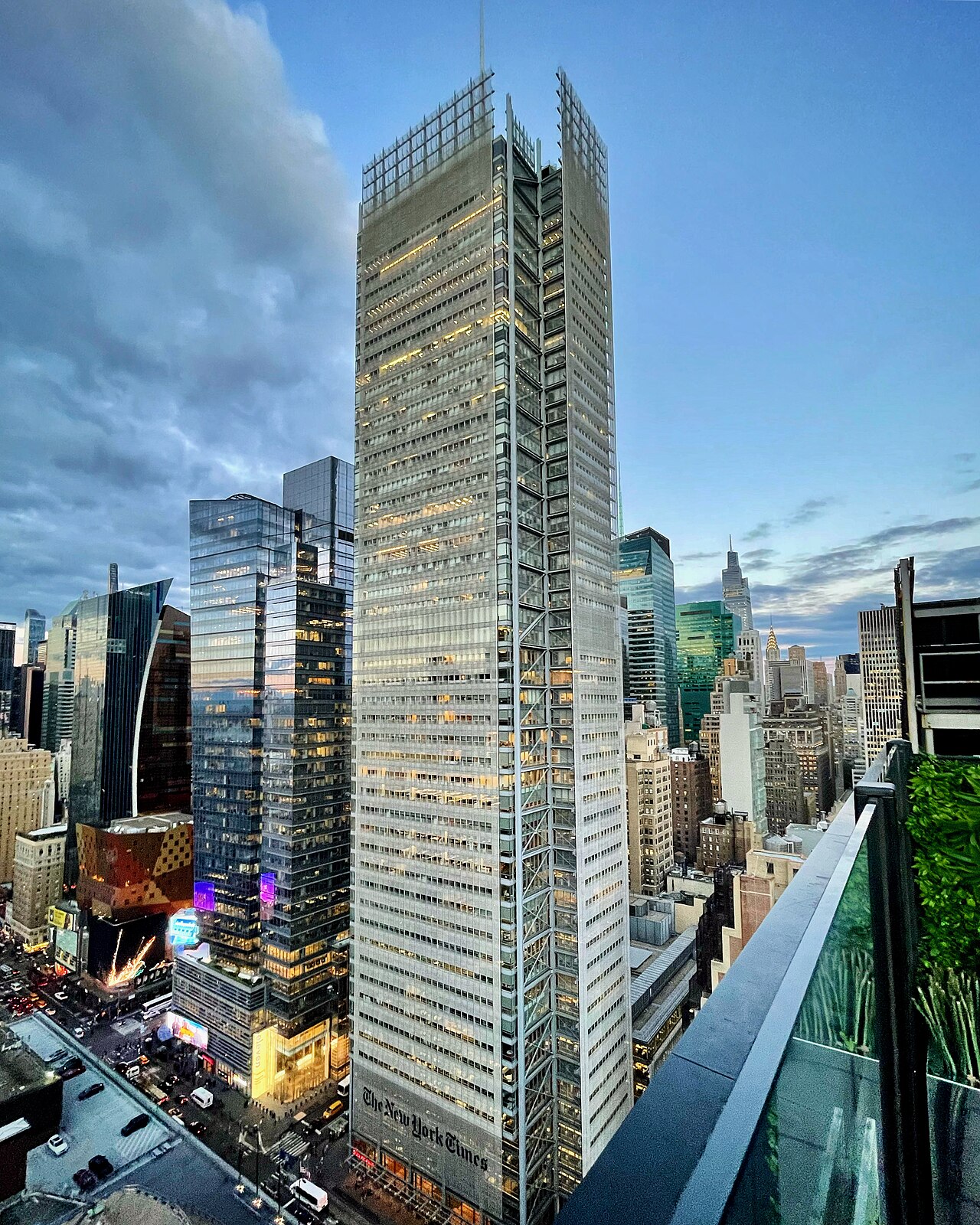 The New York Times Building in New York City viewed from above at dusk.
