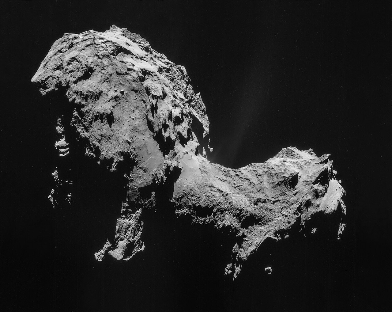A high-resolution, black and white image of the two-lobed nucleus of Comet 67P/Churyumov–Gerasimenko against a dark space background.