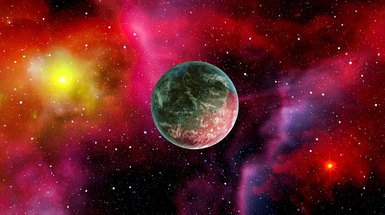 An artistic representation of a planet floating in a vibrant, colorful nebula in deep space.