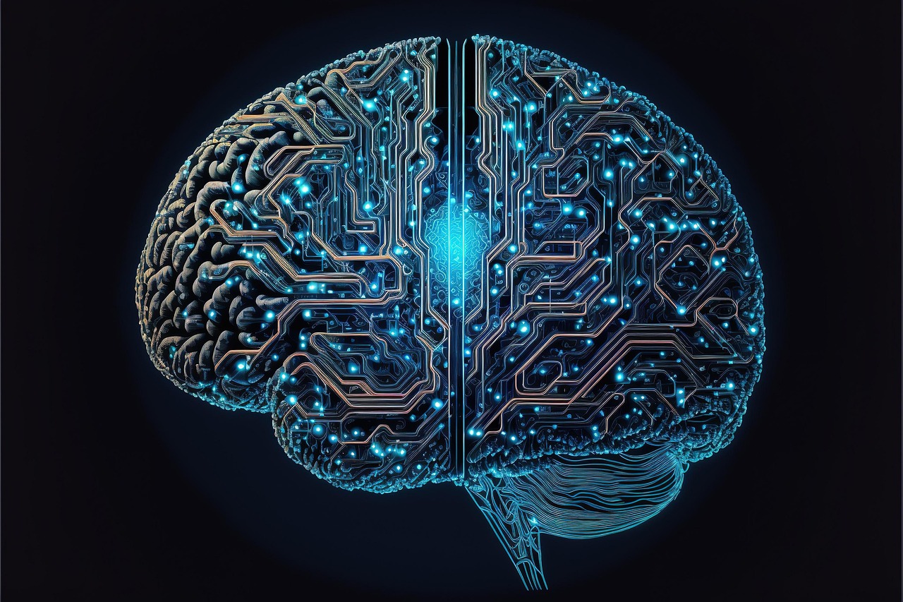 A stylized illustration of a human brain integrated with glowing electronic circuit patterns, representing neural activity and technology.