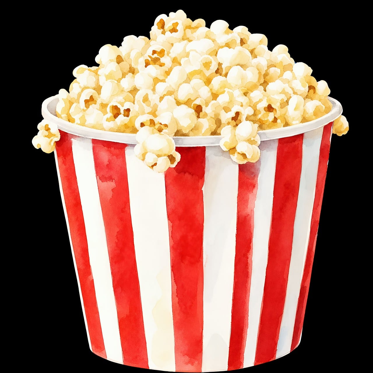 A watercolor illustration of a bucket of popcorn with red and white stripes against a black background.