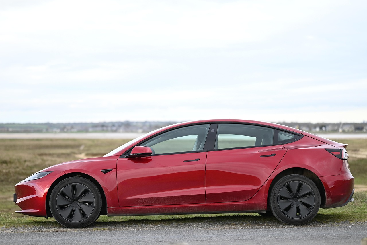 Side profile view of a red electric sedan parked outdoors against an overcast sky.