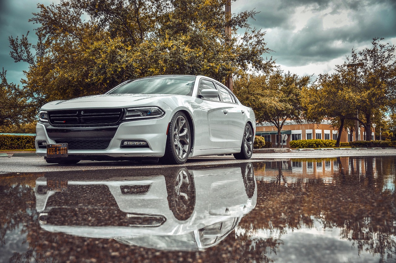 A white Dodge Charger parked on a wet surface with its reflection visible, in front of trees and a cloudy sky.